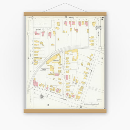 Old map wall art mockup — magnetic wood frame on white wall — Sanborn Fire Insurance Map from Geneva, Ontario County, New York (1903), Sheet #0017