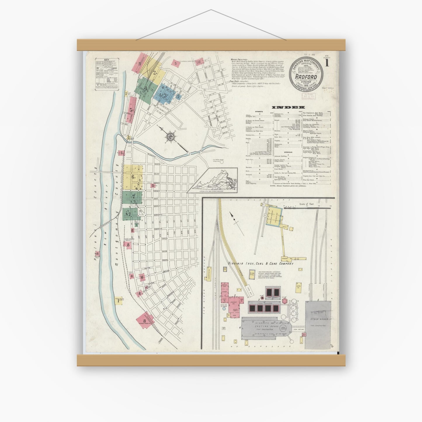 Old map wall art mockup — magnetic wood frame on white wall — Sanborn Fire Insurance Map from Radford, Independent Cities, Virginia (1913) - Complete Map Set