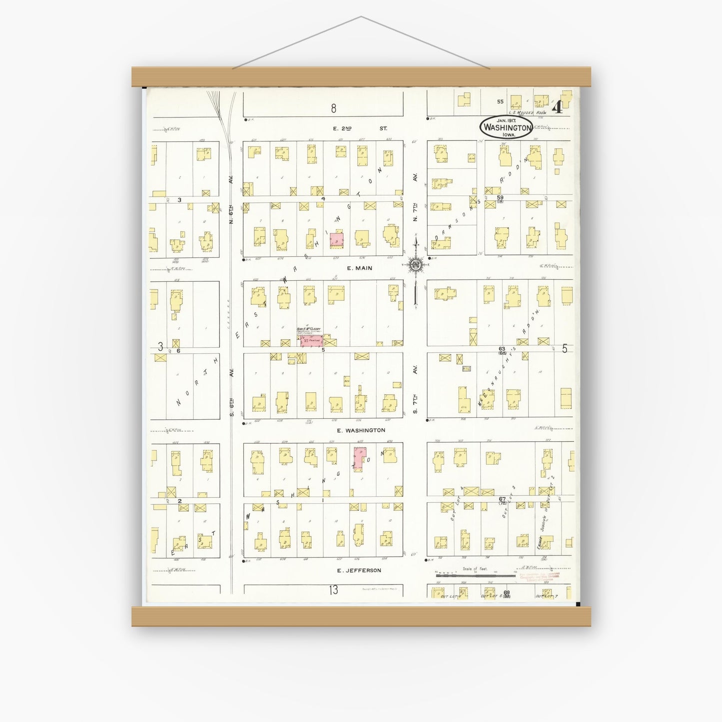 Old map wall art mockup — magnetic wood frame on white wall — Sanborn Fire Insurance Map from Washington, Washington County, Iowa (1917), Sheet #0004