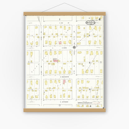 Old map wall art mockup — magnetic wood frame on white wall — Sanborn Fire Insurance Map from Washington, Washington County, Iowa (1917), Sheet #0004