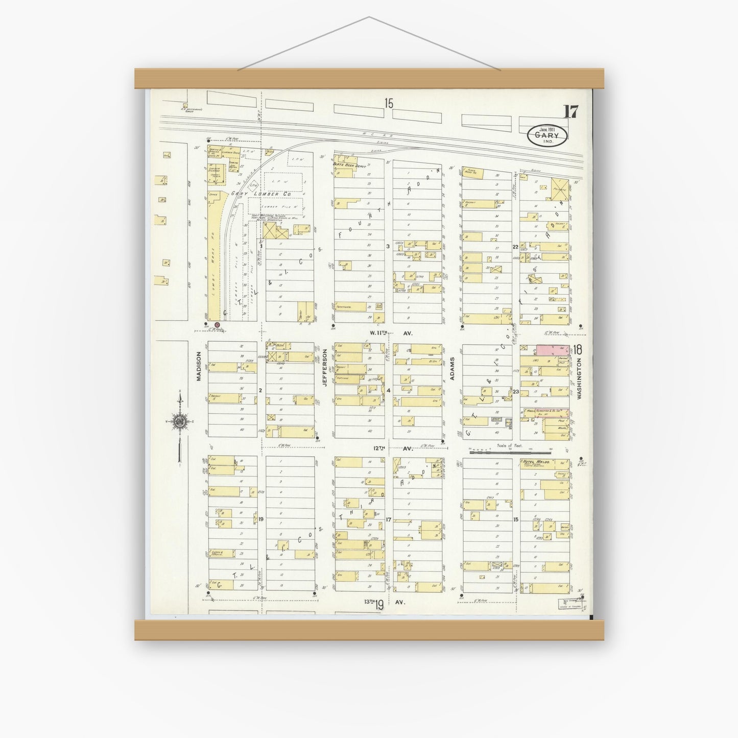 Old map wall art mockup — magnetic wood frame on white wall — Sanborn Fire Insurance Map from Gary, Lake County, Indiana (1911), Sheet #0017