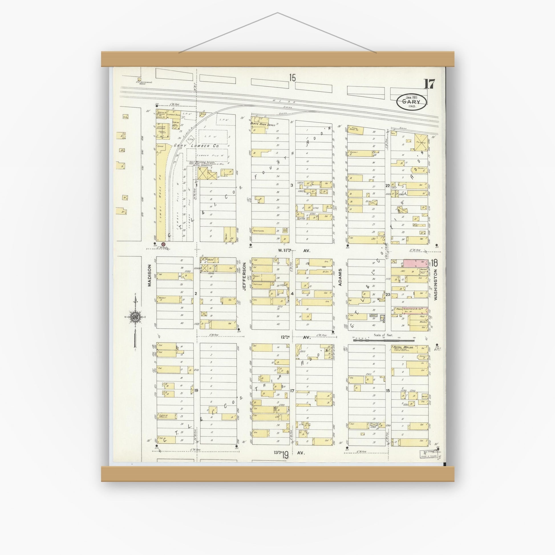 Old map wall art mockup — magnetic wood frame on white wall — Sanborn Fire Insurance Map from Gary, Lake County, Indiana (1911), Sheet #0017