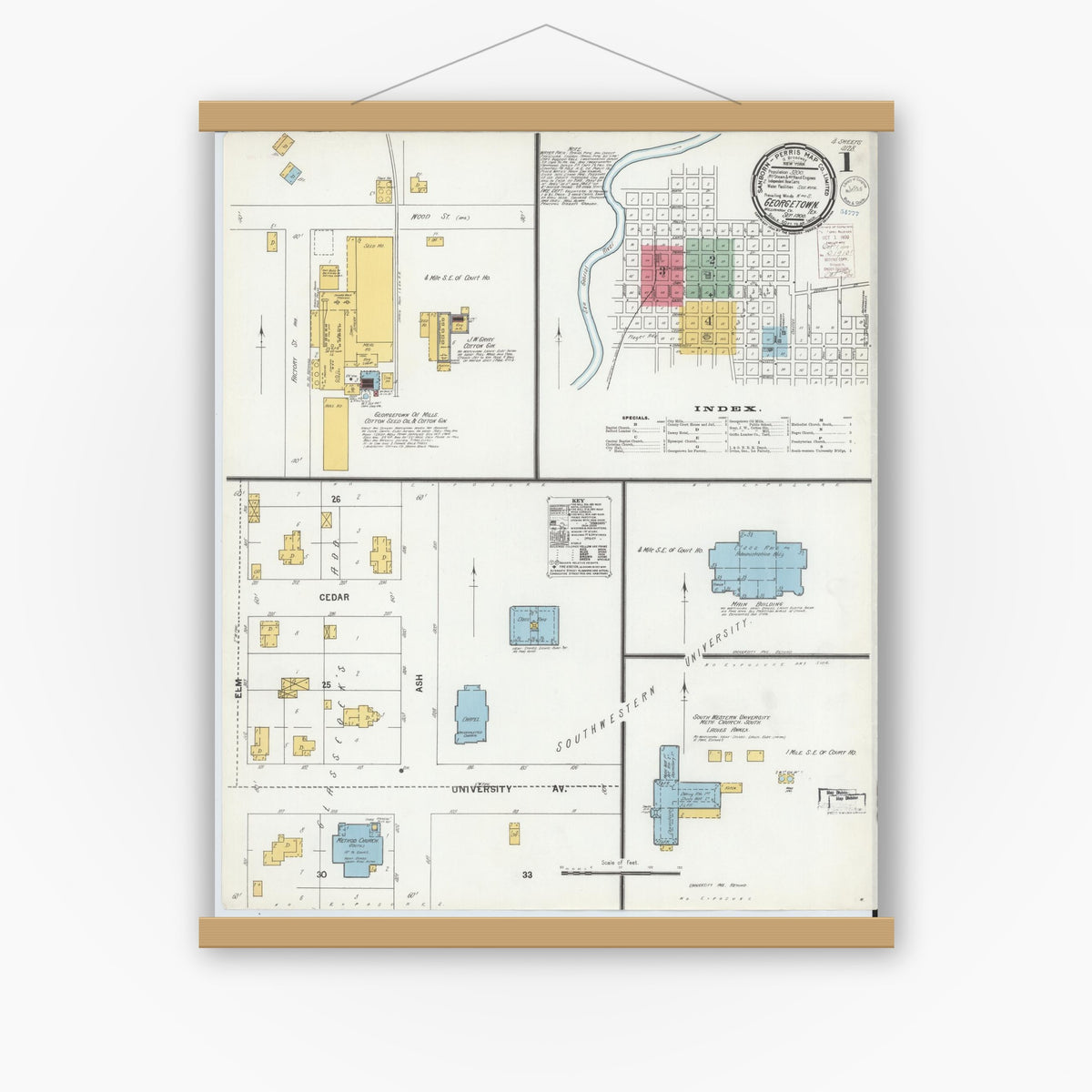 Old map wall art mockup — magnetic wood frame on white wall — Sanborn Fire Insurance Map from Georgetown, Williamson County, Texas (1900), Sheet #0001