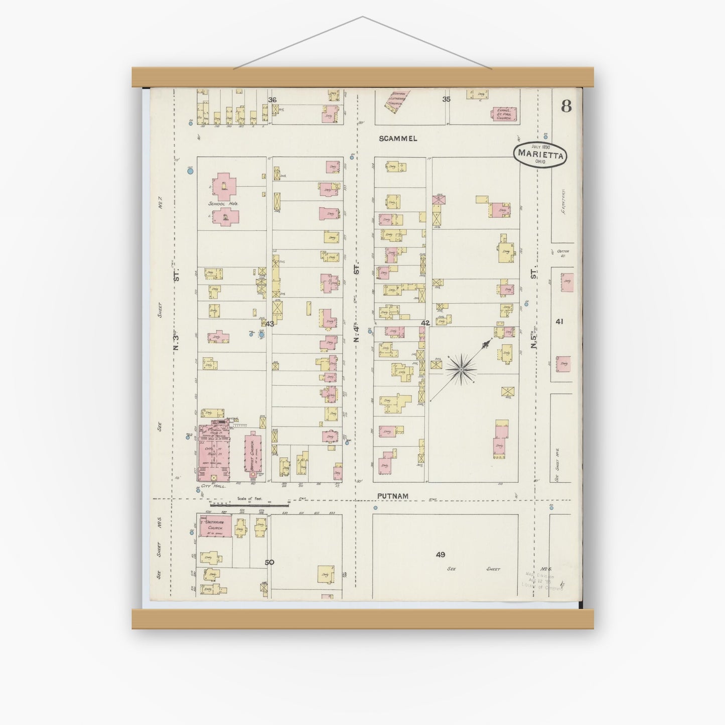Old map wall art mockup — magnetic wood frame on white wall — Sanborn Fire Insurance Map from Marietta, Washington County, Ohio (1890), Sheet #0008