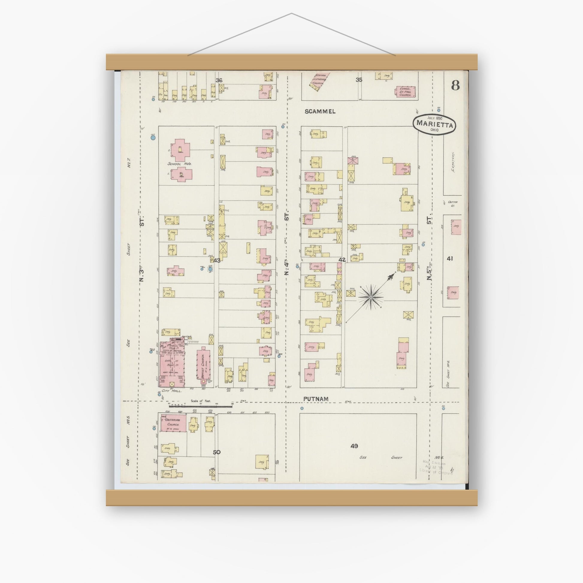 Old map wall art mockup — magnetic wood frame on white wall — Sanborn Fire Insurance Map from Marietta, Washington County, Ohio (1890), Sheet #0008