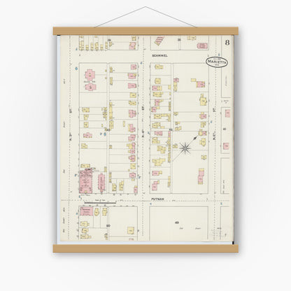 Old map wall art mockup — magnetic wood frame on white wall — Sanborn Fire Insurance Map from Marietta, Washington County, Ohio (1890), Sheet #0008