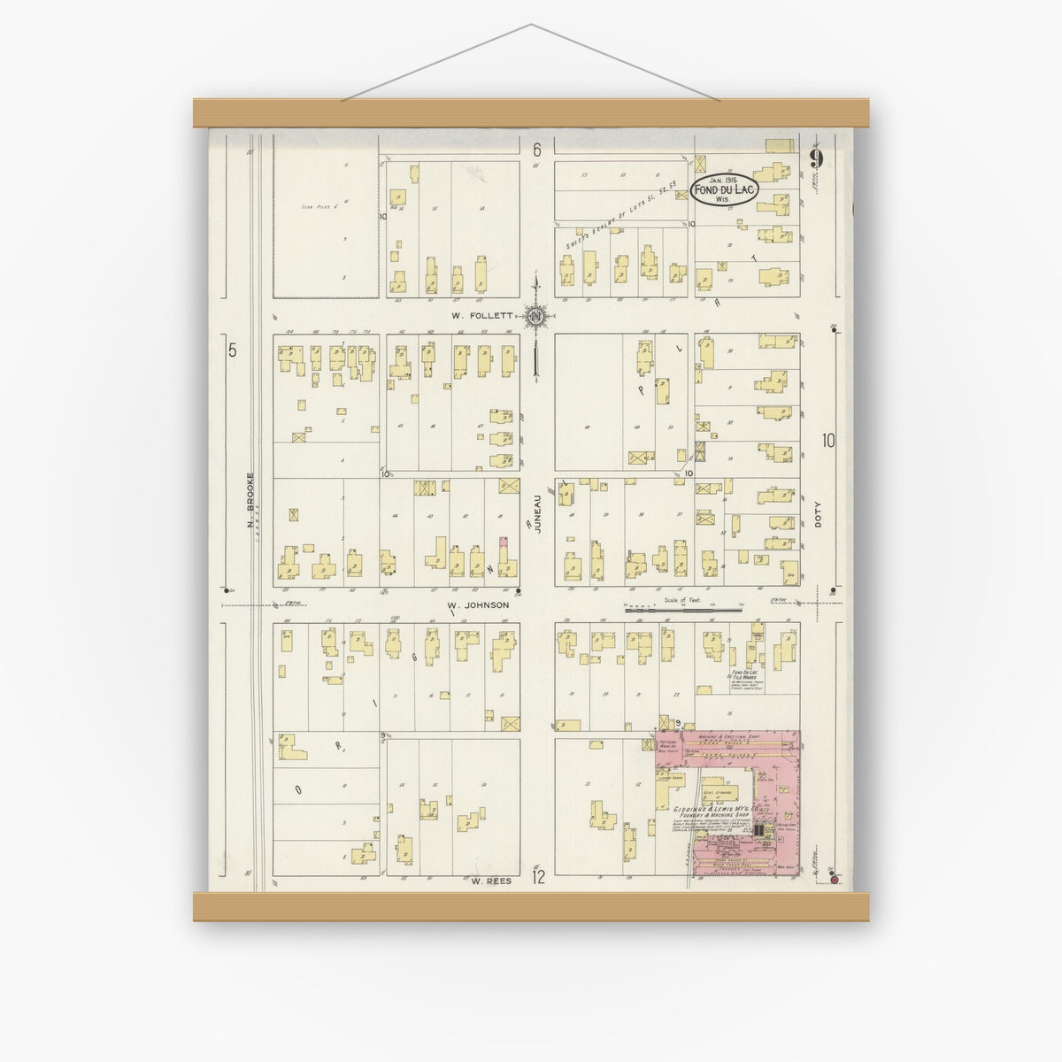 Old map wall art mockup — magnetic wood frame on white wall — Sanborn Fire Insurance Map from Fond du Lac, Fond du Lac County, Wisconsin (1915), Sheet #0009