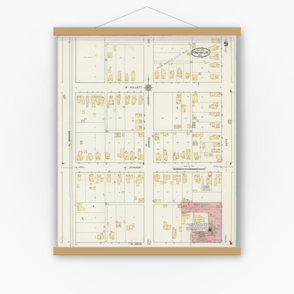 Old map wall art mockup — magnetic wood frame on white wall — Sanborn Fire Insurance Map from Fond du Lac, Fond du Lac County, Wisconsin (1915), Sheet #0009