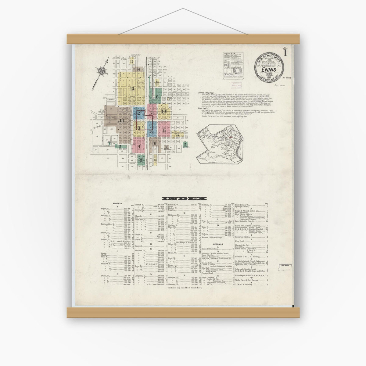 Old map wall art mockup — magnetic wood frame on white wall — Sanborn Fire Insurance Map from Ennis, Ellis County, Texas (1915), Sheet #0001