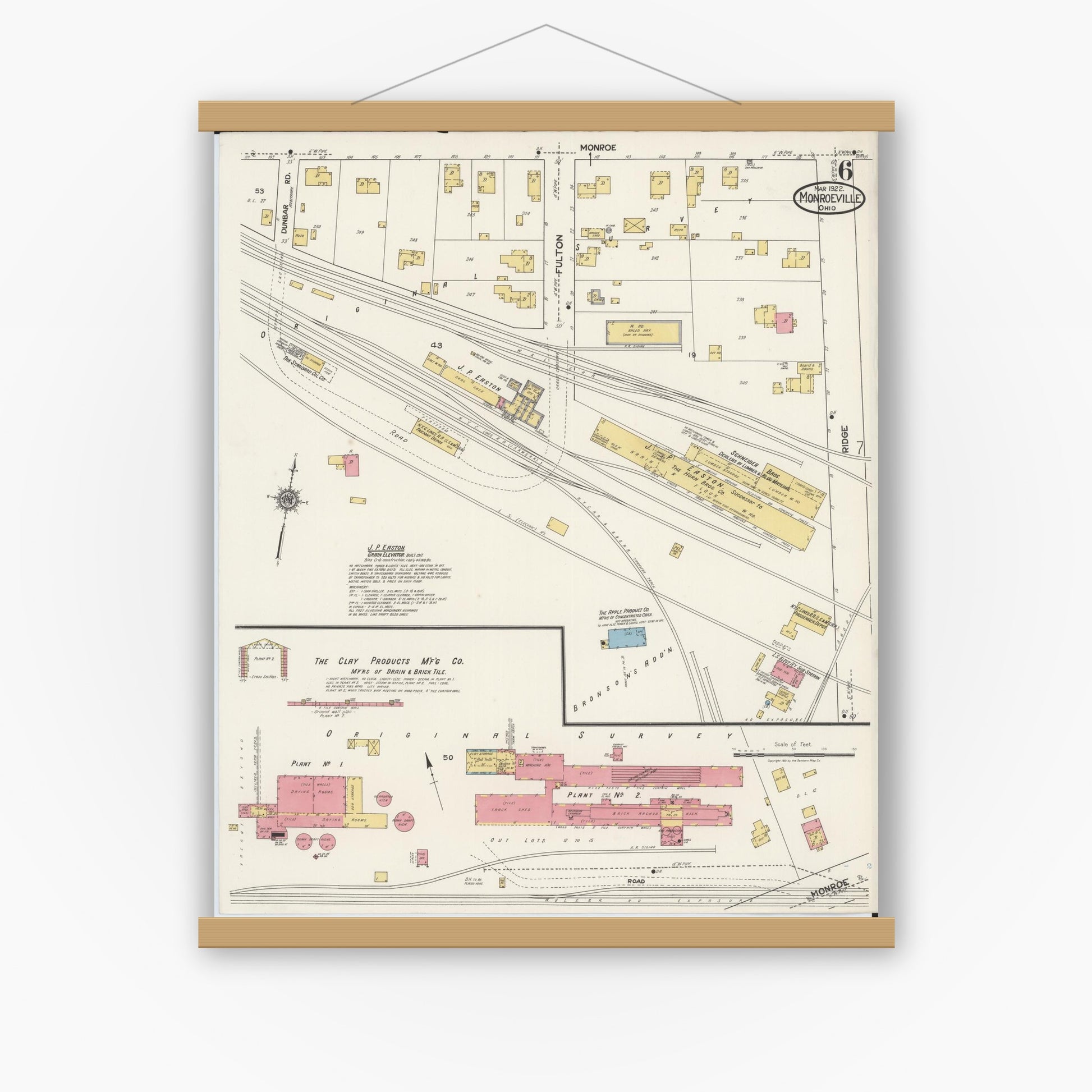 Old map wall art mockup — magnetic wood frame on white wall — Sanborn Fire Insurance Map from Monroeville, Huron County, Ohio (1922), Sheet #0006