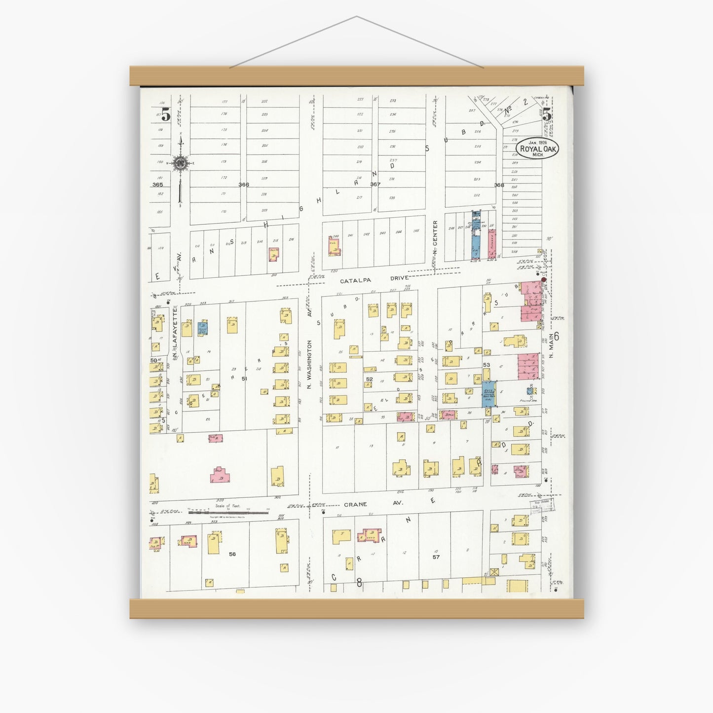 Old map wall art mockup — magnetic wood frame on white wall — Sanborn Fire Insurance Map from Royal Oak, Oakland County, Michigan (1926), Sheet #0005
