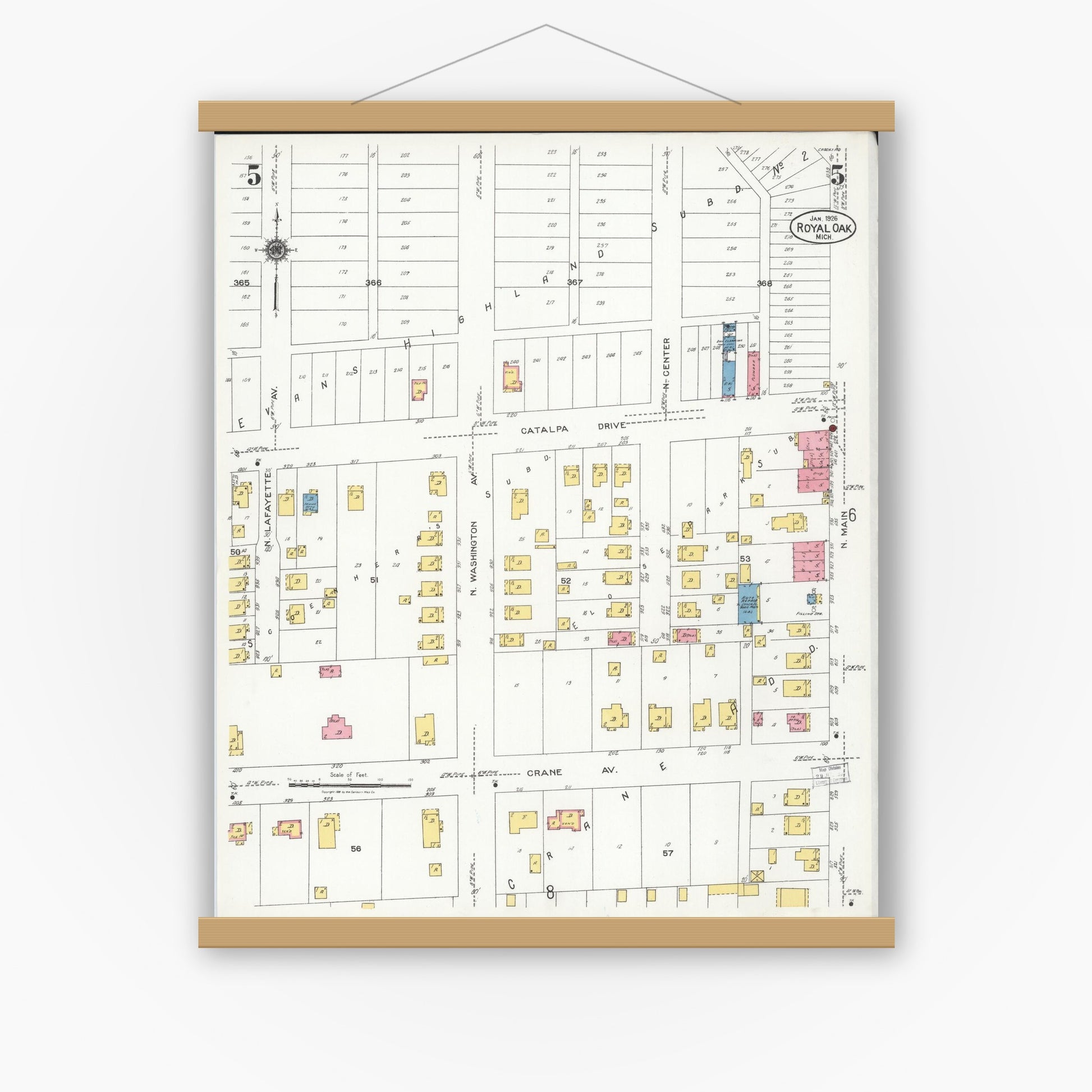Old map wall art mockup — magnetic wood frame on white wall — Sanborn Fire Insurance Map from Royal Oak, Oakland County, Michigan (1926), Sheet #0005