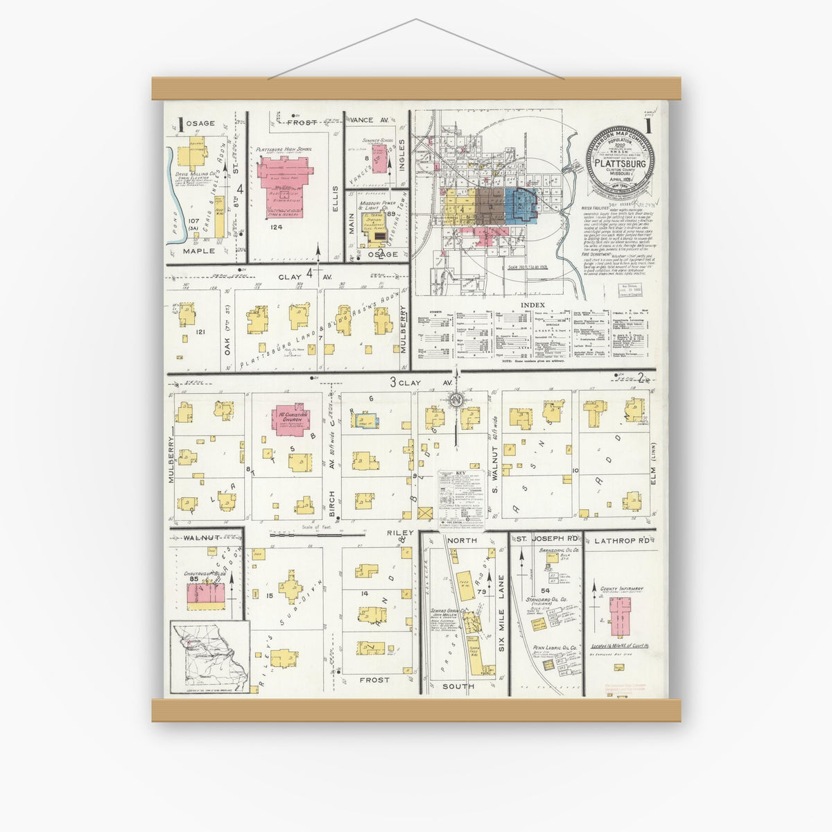 Old map wall art mockup — magnetic wood frame on white wall — Sanborn Fire Insurance Map from Plattsburg, Clinton County, Missouri (1926) - Complete Map Set