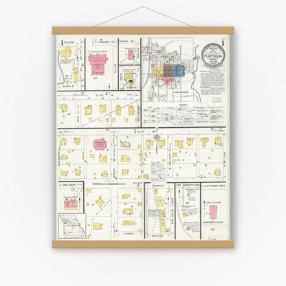 Old map wall art mockup — magnetic wood frame on white wall — Sanborn Fire Insurance Map from Plattsburg, Clinton County, Missouri (1926) - Complete Map Set