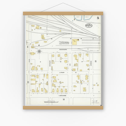 Old map wall art mockup — magnetic wood frame on white wall — Sanborn Fire Insurance Map from Marshall, Harrison County, Texas (1904), Sheet #0005