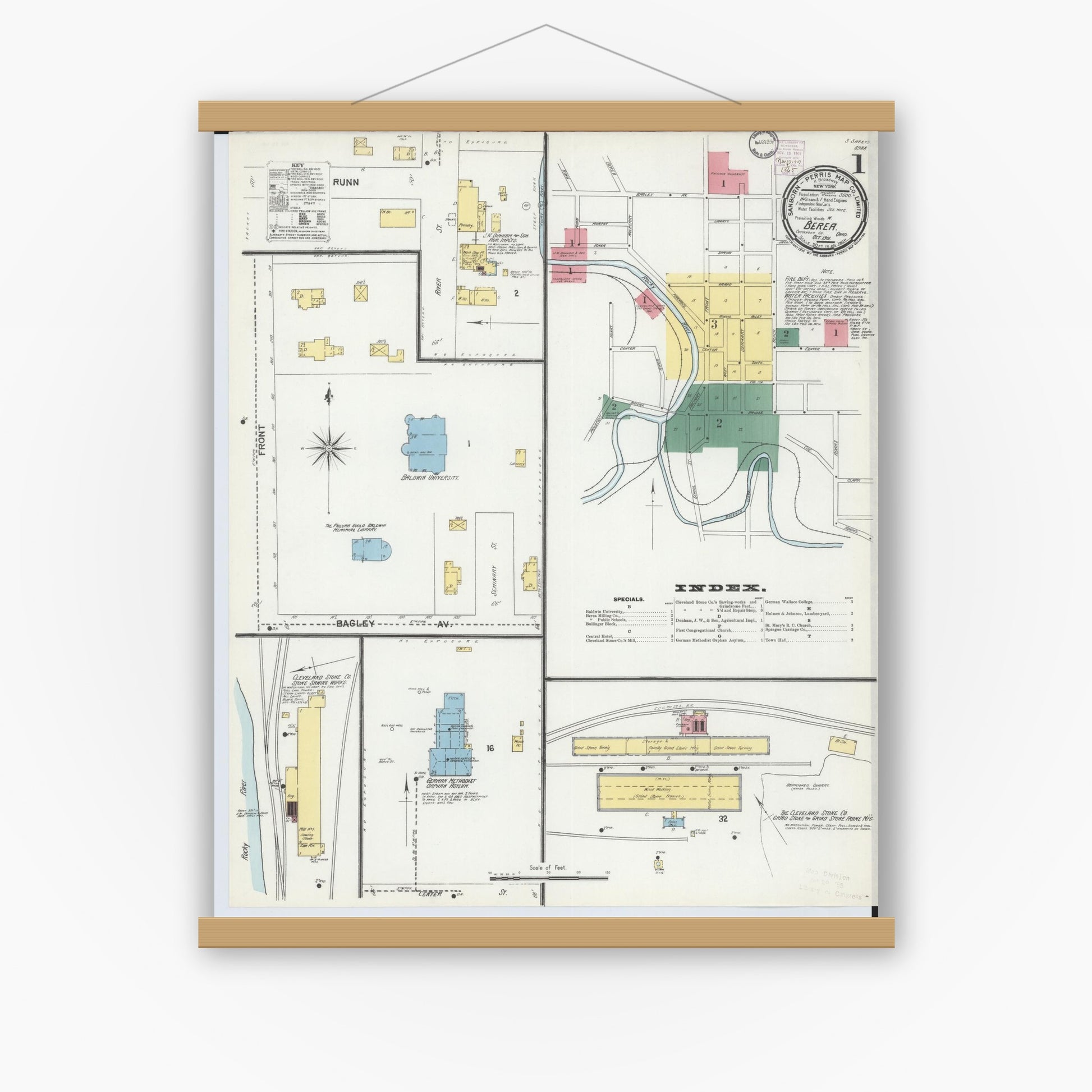 Old map wall art mockup — magnetic wood frame on white wall — Sanborn Fire Insurance Map from Berea, Cuyahoga County, Ohio (1901) - Complete Map Set
