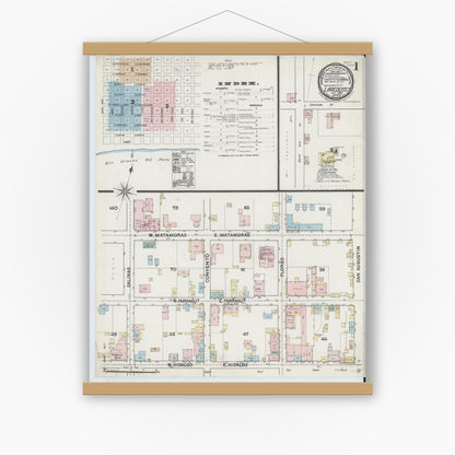 Old map wall art mockup — magnetic wood frame on white wall — Sanborn Fire Insurance Map from Laredo, Webb County, Texas (1889), Sheet #0001