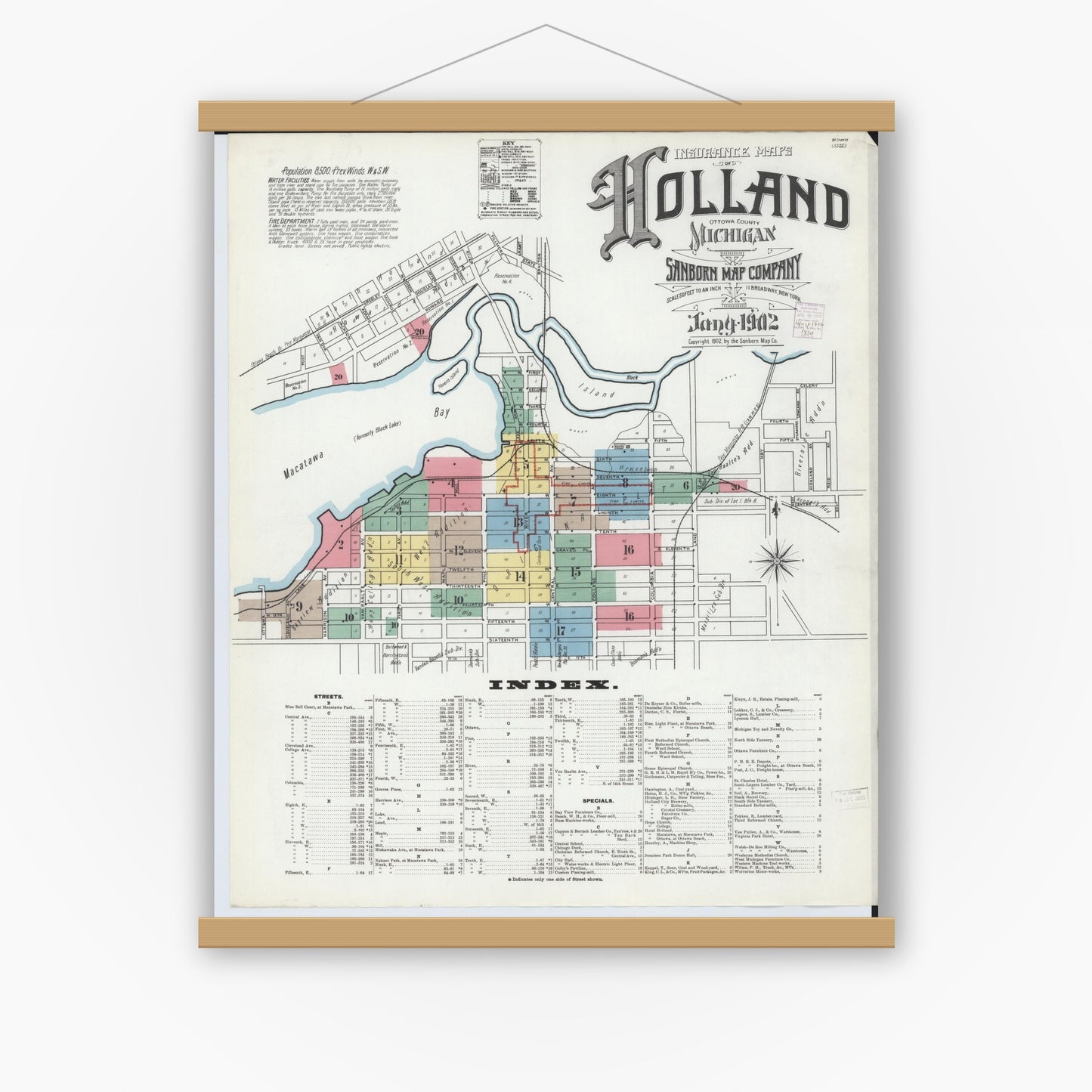 Old map wall art mockup — magnetic wood frame on white wall — Sanborn Fire Insurance Map from Holland, Ottawa County, Michigan (1902) - Complete Map Set