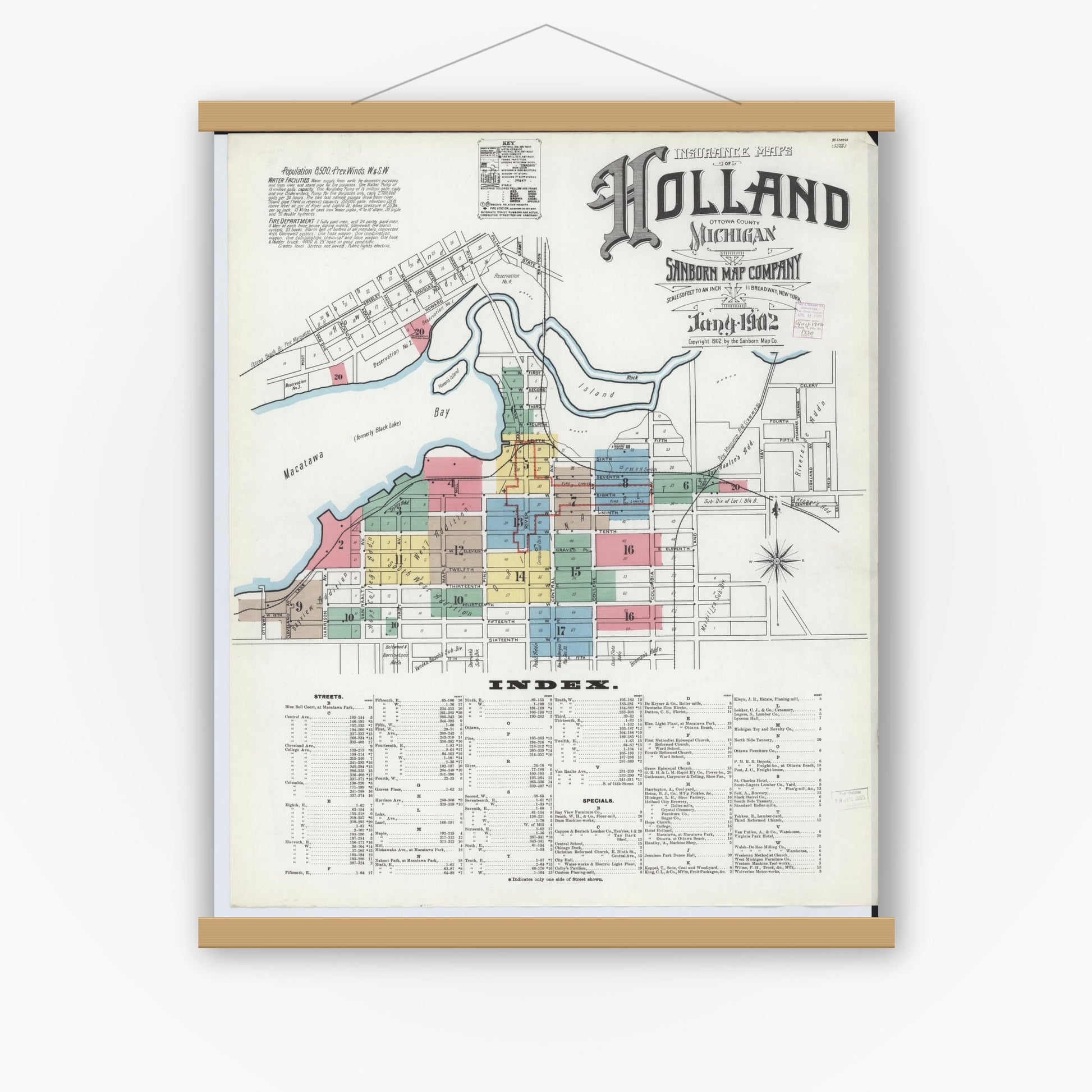 Old map wall art mockup — magnetic wood frame on white wall — Sanborn Fire Insurance Map from Holland, Ottawa County, Michigan (1902) - Complete Map Set