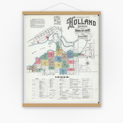 Old map wall art mockup — magnetic wood frame on white wall — Sanborn Fire Insurance Map from Holland, Ottawa County, Michigan (1902) - Complete Map Set