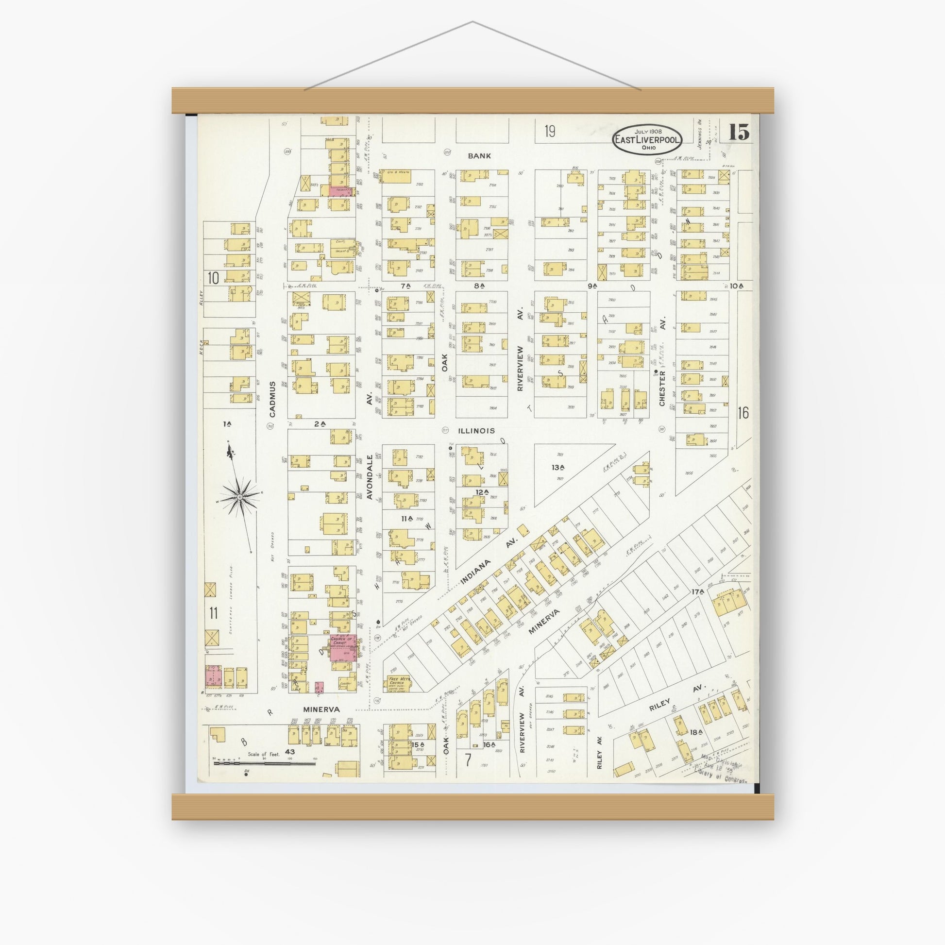 Old map wall art mockup — magnetic wood frame on white wall — Sanborn Fire Insurance Map from East Liverpool, Columbiana County, Ohio (1908), Sheet #0015