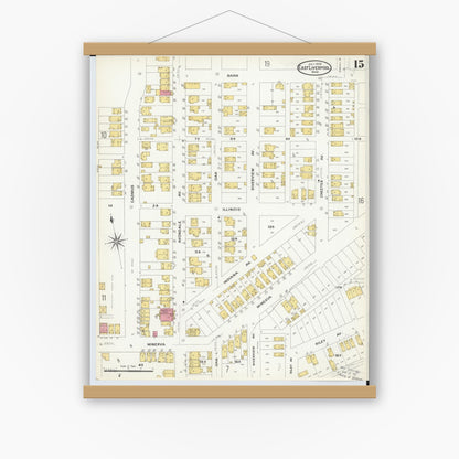 Old map wall art mockup — magnetic wood frame on white wall — Sanborn Fire Insurance Map from East Liverpool, Columbiana County, Ohio (1908), Sheet #0015