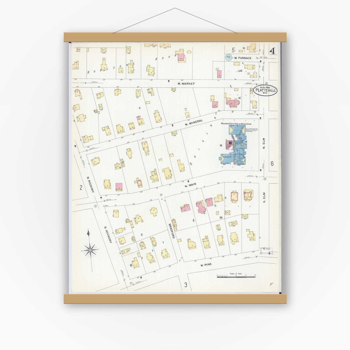 Old map wall art mockup — magnetic wood frame on white wall — Sanborn Fire Insurance Map from Platteville, Grant County, Wisconsin (1908), Sheet #0004
