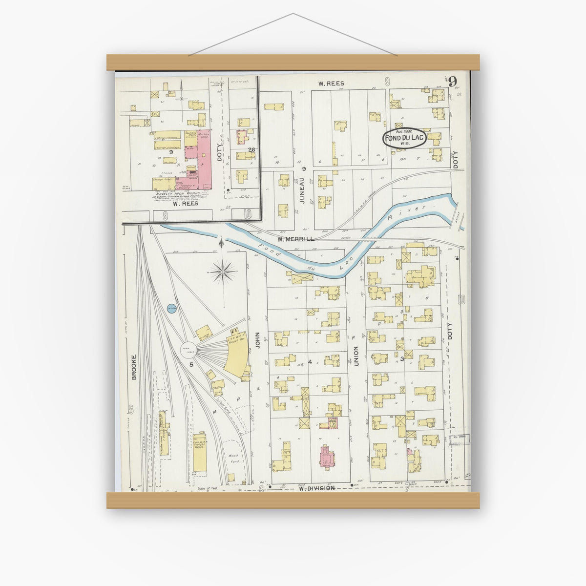 Old map wall art mockup — magnetic wood frame on white wall — Sanborn Fire Insurance Map from Fond du Lac, Fond du Lac County, Wisconsin (1892), Sheet #0009