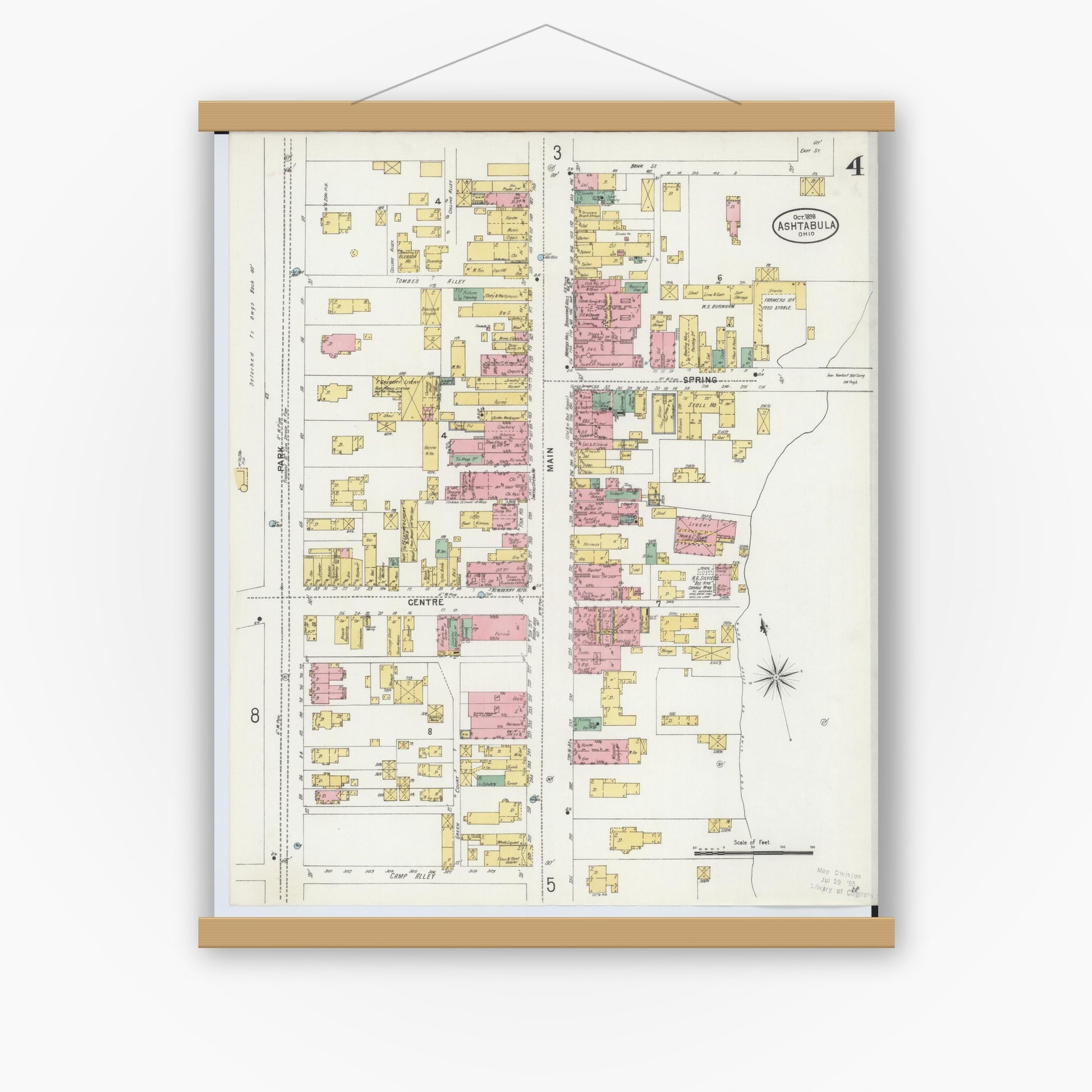 Old map wall art mockup — magnetic wood frame on white wall — Sanborn Fire Insurance Map from Ashtabula, Ashtabula County, Ohio (1898), Sheet #0004