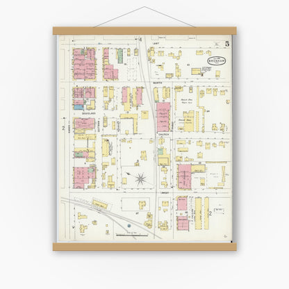 Old map wall art mockup — magnetic wood frame on white wall — Sanborn Fire Insurance Map from Brenham, Washington County, Texas (1896), Sheet #0005