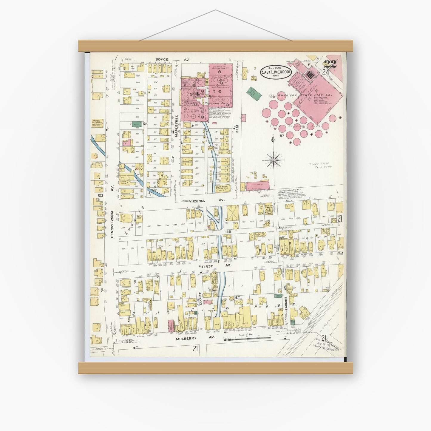 Old map wall art mockup — magnetic wood frame on white wall — Sanborn Fire Insurance Map from East Liverpool, Columbiana County, Ohio (1908), Sheet #0022