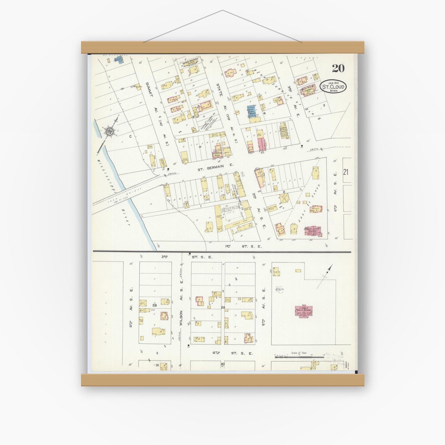 Old map wall art mockup — magnetic wood frame on white wall — Sanborn Fire Insurance Map from Saint Cloud, Stearns, Benton, and Sherburne Counties, Minnesota (1913), Sheet #0020