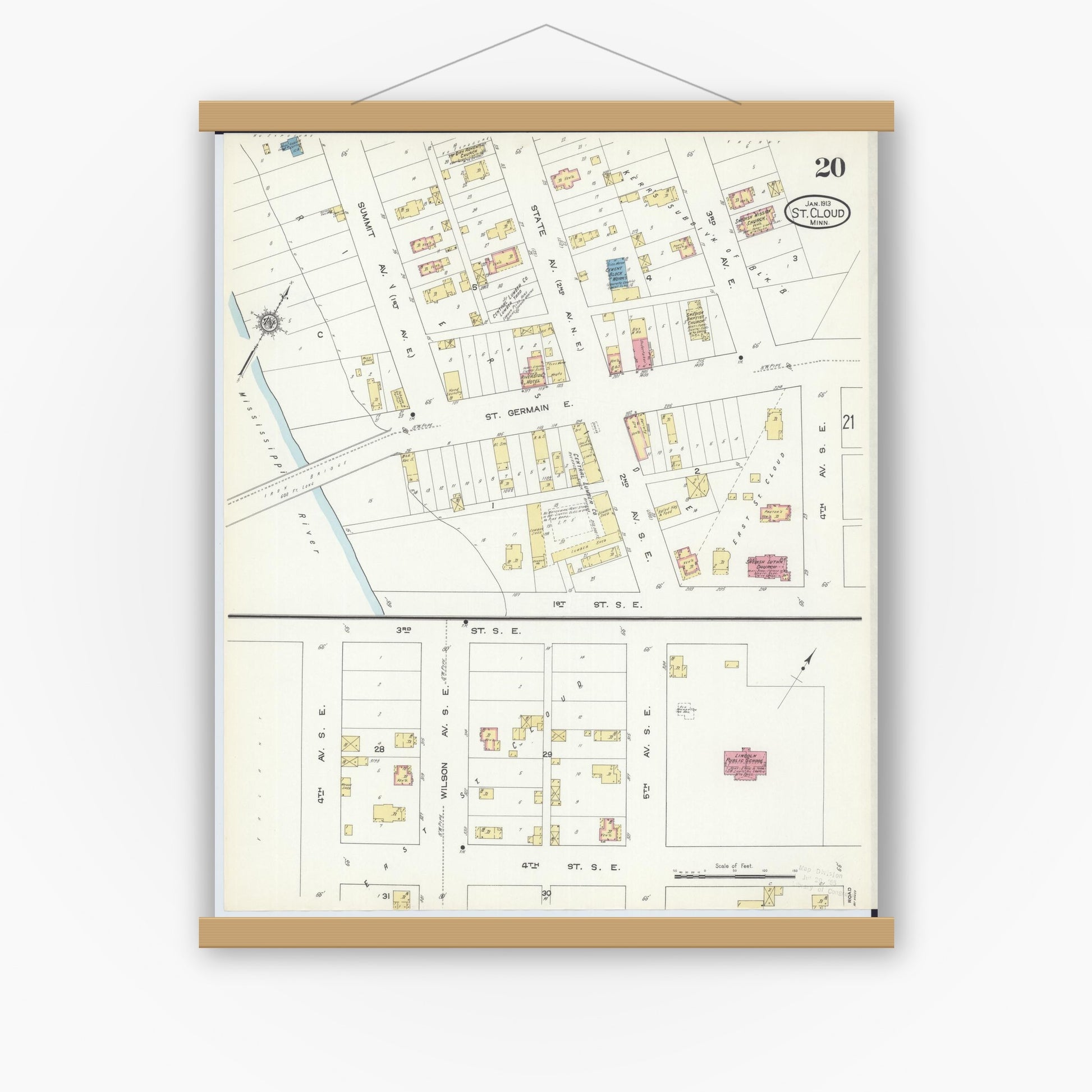 Old map wall art mockup — magnetic wood frame on white wall — Sanborn Fire Insurance Map from Saint Cloud, Stearns, Benton, and Sherburne Counties, Minnesota (1913), Sheet #0020