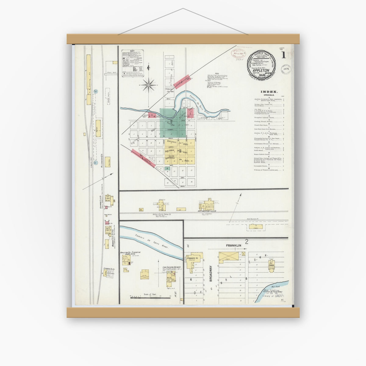 Old map wall art mockup — magnetic wood frame on white wall — Sanborn Fire Insurance Map from Appleton, Swift County, Minnesota (1899), Sheet #0001