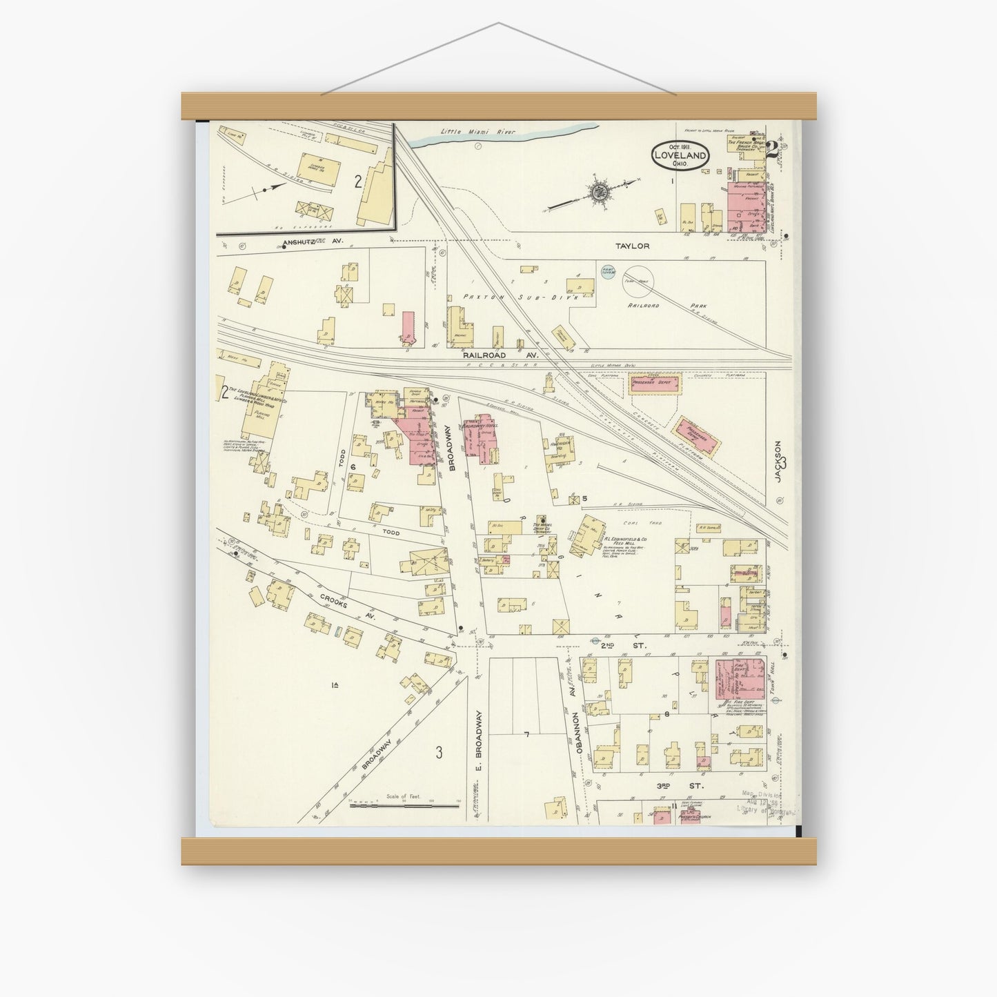 Old map wall art mockup — magnetic wood frame on white wall — Sanborn Fire Insurance Map from Loveland, Clermont, Hamilton, And Warren County, Ohio (1911), Sheet #0002