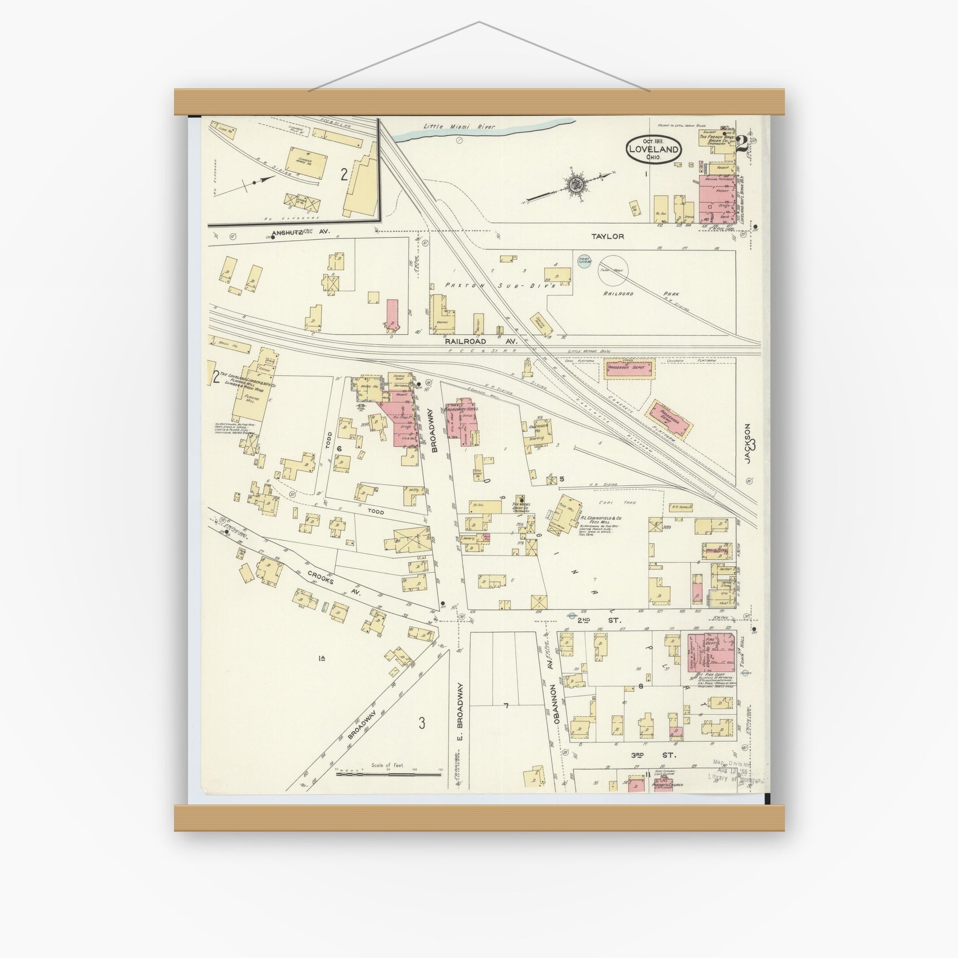 Old map wall art mockup — magnetic wood frame on white wall — Sanborn Fire Insurance Map from Loveland, Clermont, Hamilton, And Warren County, Ohio (1911), Sheet #0002