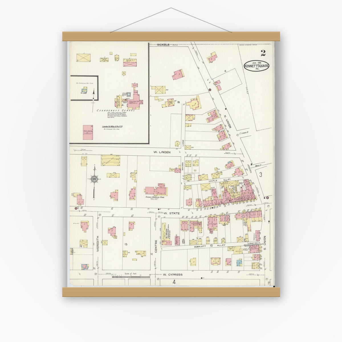 Old map wall art mockup — magnetic wood frame on white wall — Sanborn Fire Insurance Map from Kennett Square, Chester County, Pennsylvania (1914), Sheet #0002