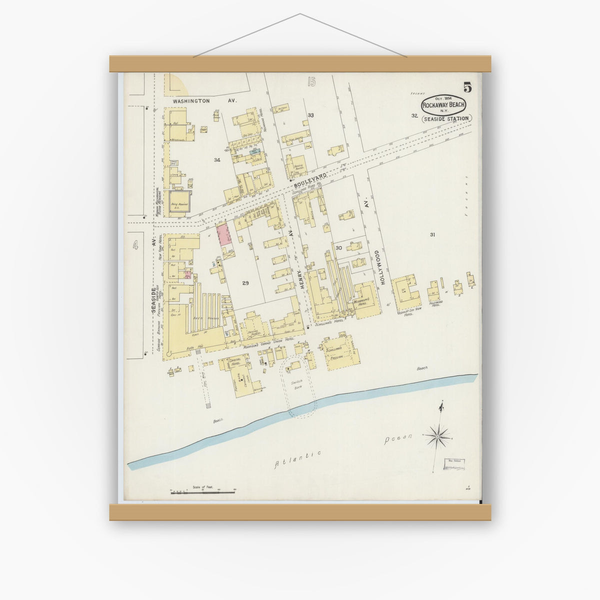 Old map wall art mockup — magnetic wood frame on white wall — Sanborn Fire Insurance Map from Rockaway Beach, Queens County, New York (1894), Sheet #0005