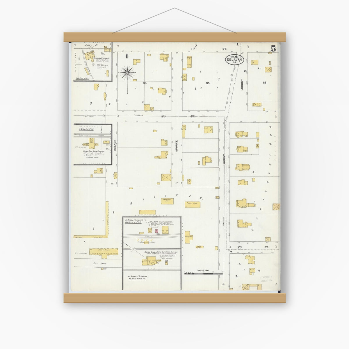 Old map wall art mockup — magnetic wood frame on white wall — Sanborn Fire Insurance Map from Delavan, Tazewell County, Illinois (1906), Sheet #0005