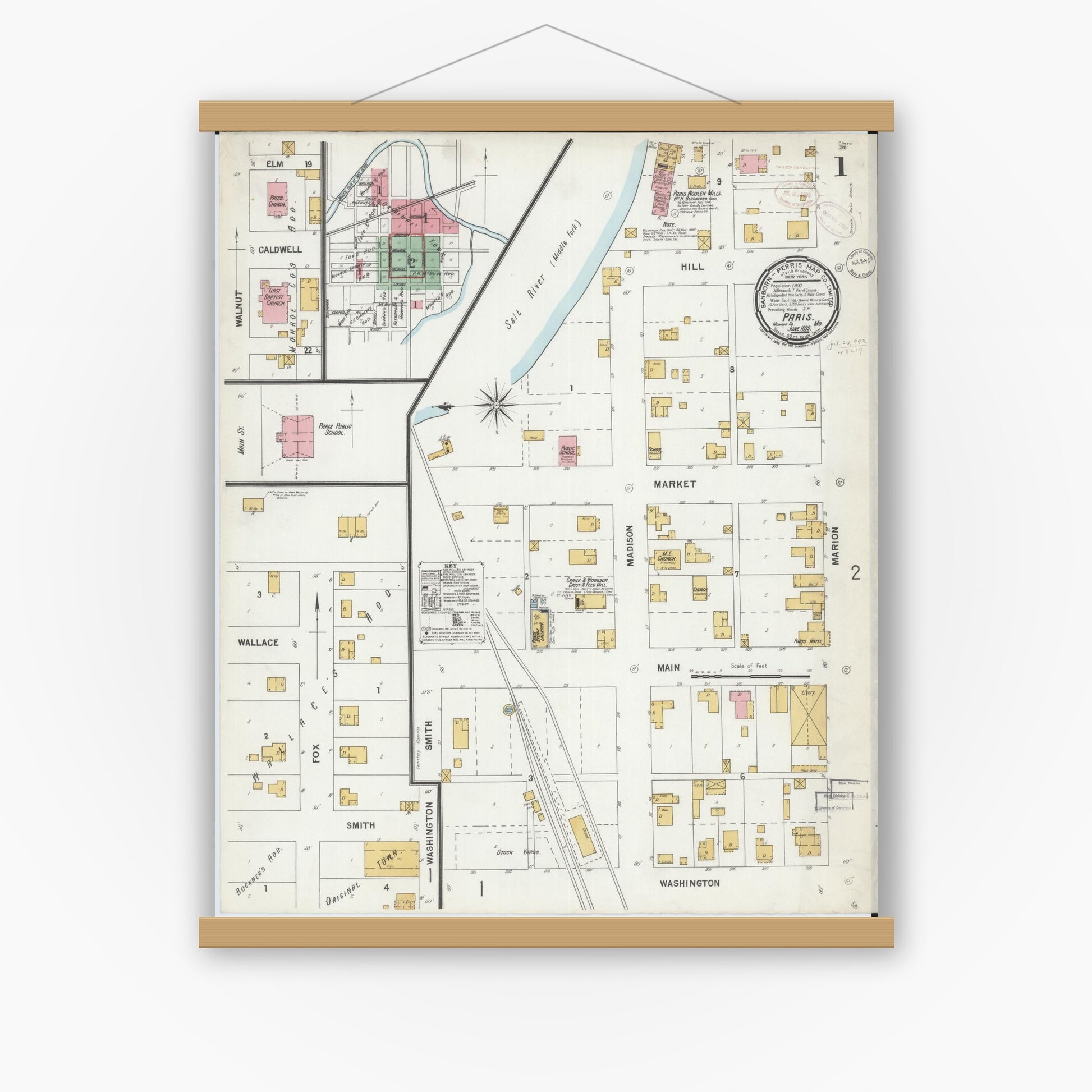 Old map wall art mockup — magnetic wood frame on white wall — Sanborn Fire Insurance Map from Paris, Monroe County, Missouri (1899) - Complete Map Set