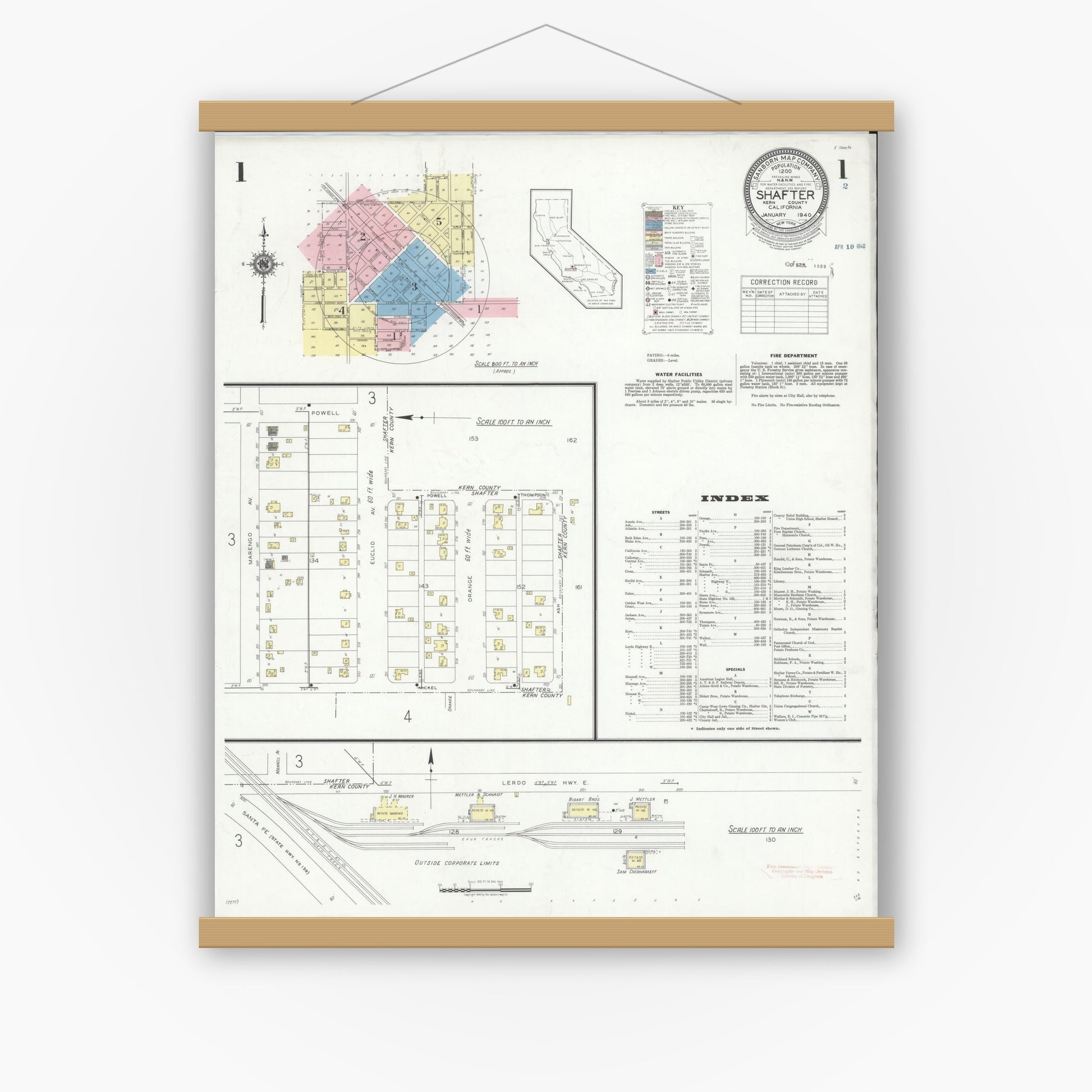Old map wall art mockup — magnetic wood frame on white wall — Sanborn Fire Insurance Map from Shafter, Kern County, California (1940) - Complete Map Set