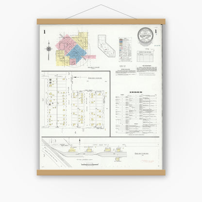 Old map wall art mockup — magnetic wood frame on white wall — Sanborn Fire Insurance Map from Shafter, Kern County, California (1940) - Complete Map Set