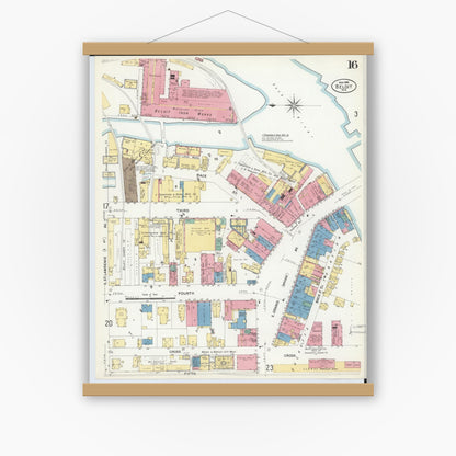 Old map wall art mockup — magnetic wood frame on white wall — Sanborn Fire Insurance Map from Beloit, Rock County, Wisconsin (1908), Sheet #0016