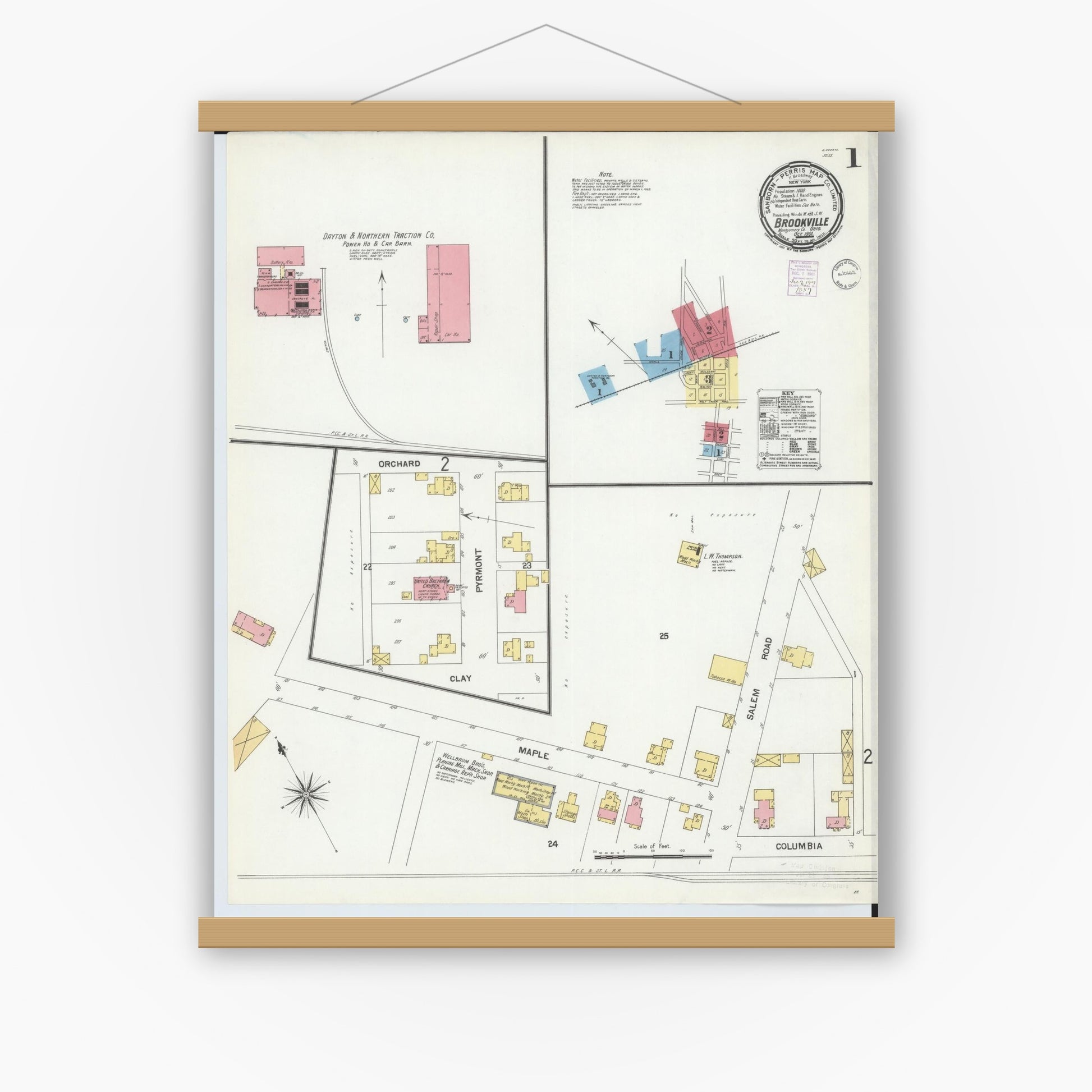 Old map wall art mockup — magnetic wood frame on white wall — Sanborn Fire Insurance Map from Brookville, Montgomery County, Ohio (1901), Sheet #0001
