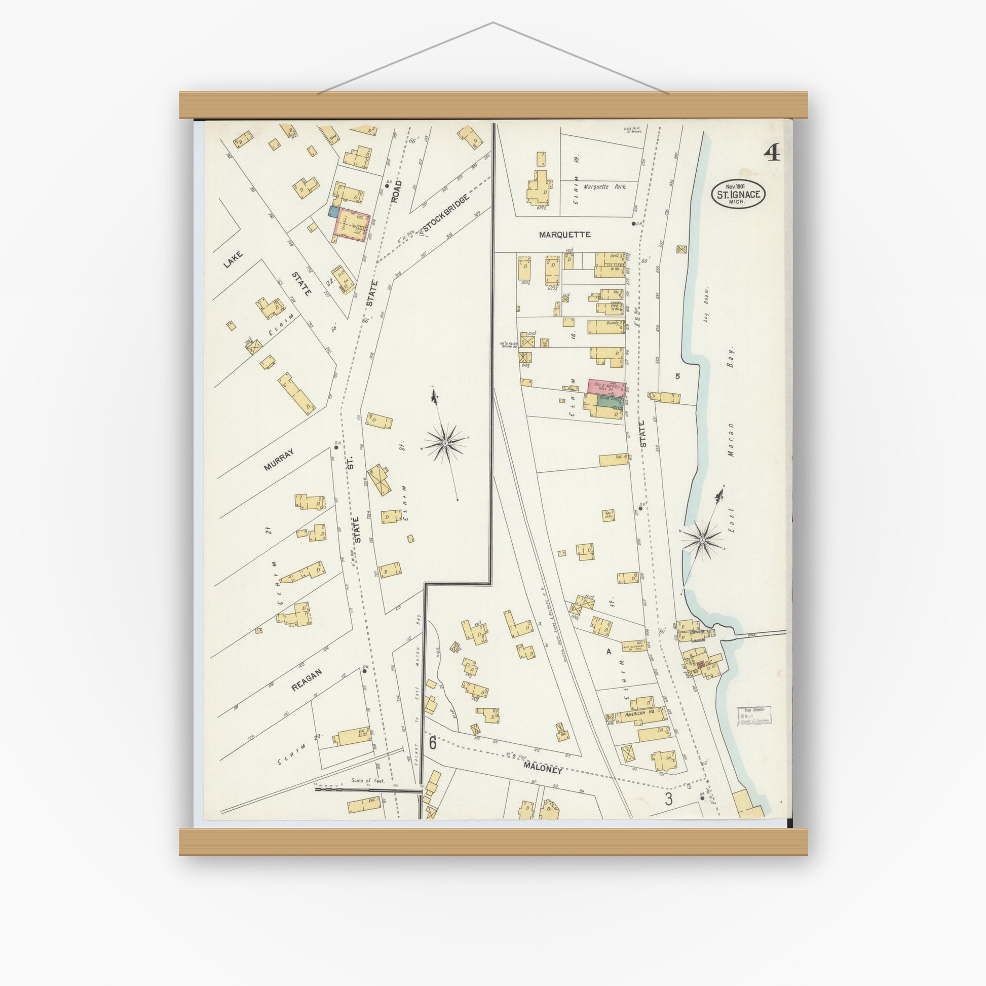 Old map wall art mockup — magnetic wood frame on white wall — Sanborn Fire Insurance Map from Saint Ignace, Mackinac County, Michigan (1901), Sheet #0004