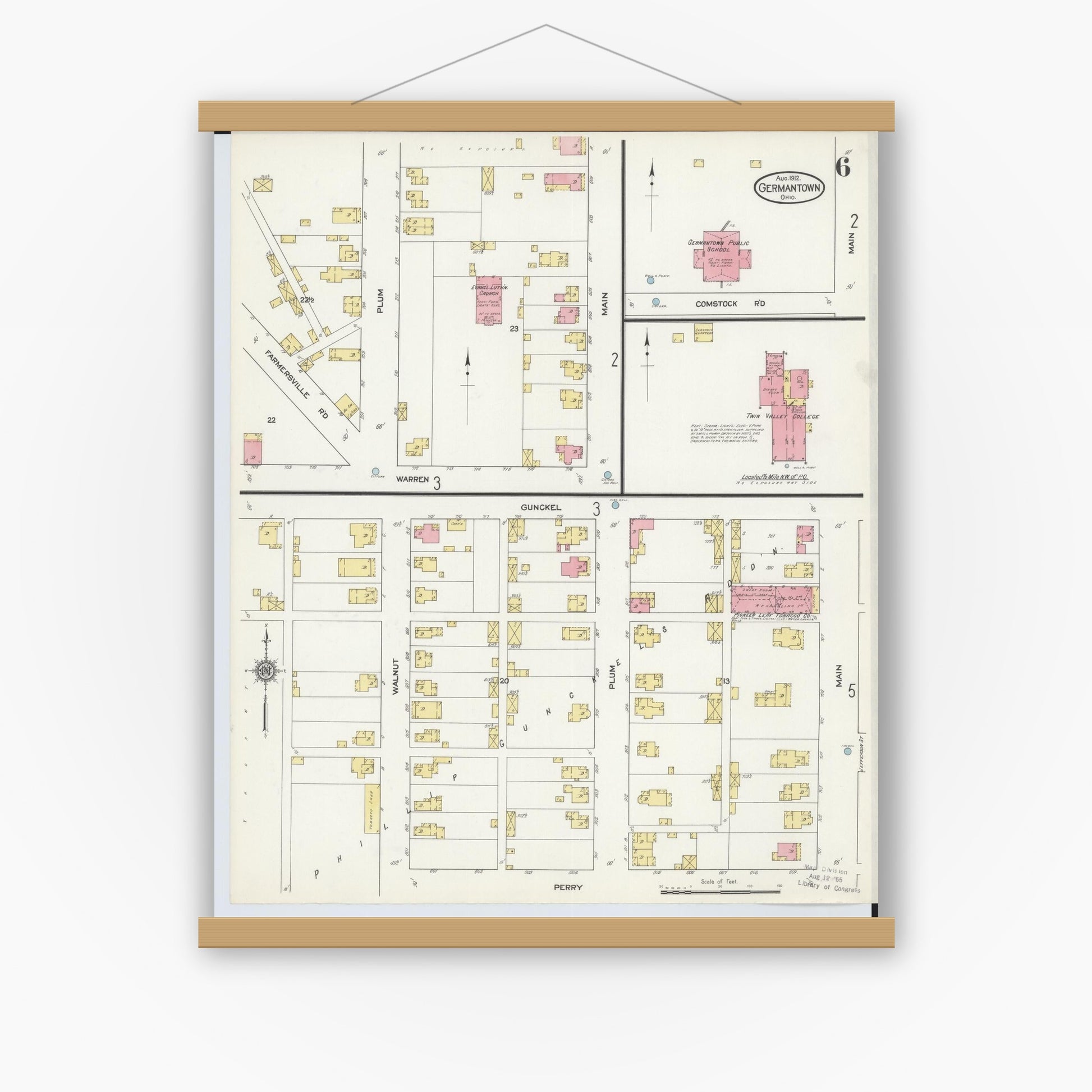 Old map wall art mockup — magnetic wood frame on white wall — Sanborn Fire Insurance Map from Germantown, Montgomery County, Ohio (1912), Sheet #0006