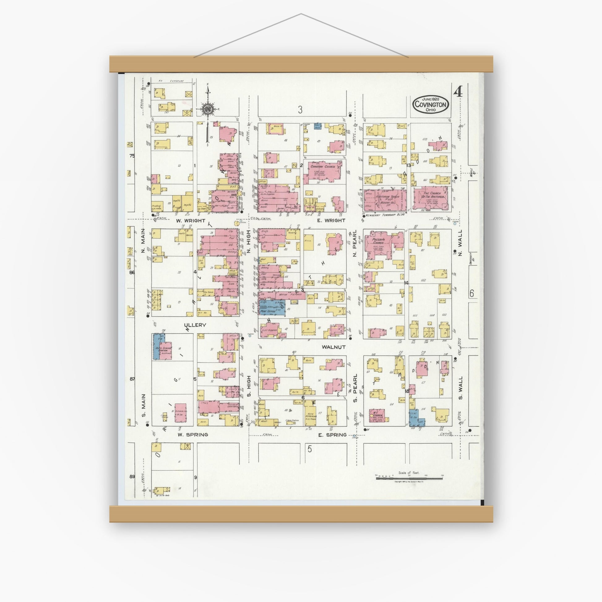 Old map wall art mockup — magnetic wood frame on white wall — Sanborn Fire Insurance Map from Covington, Miami County, Ohio (1920), Sheet #0004