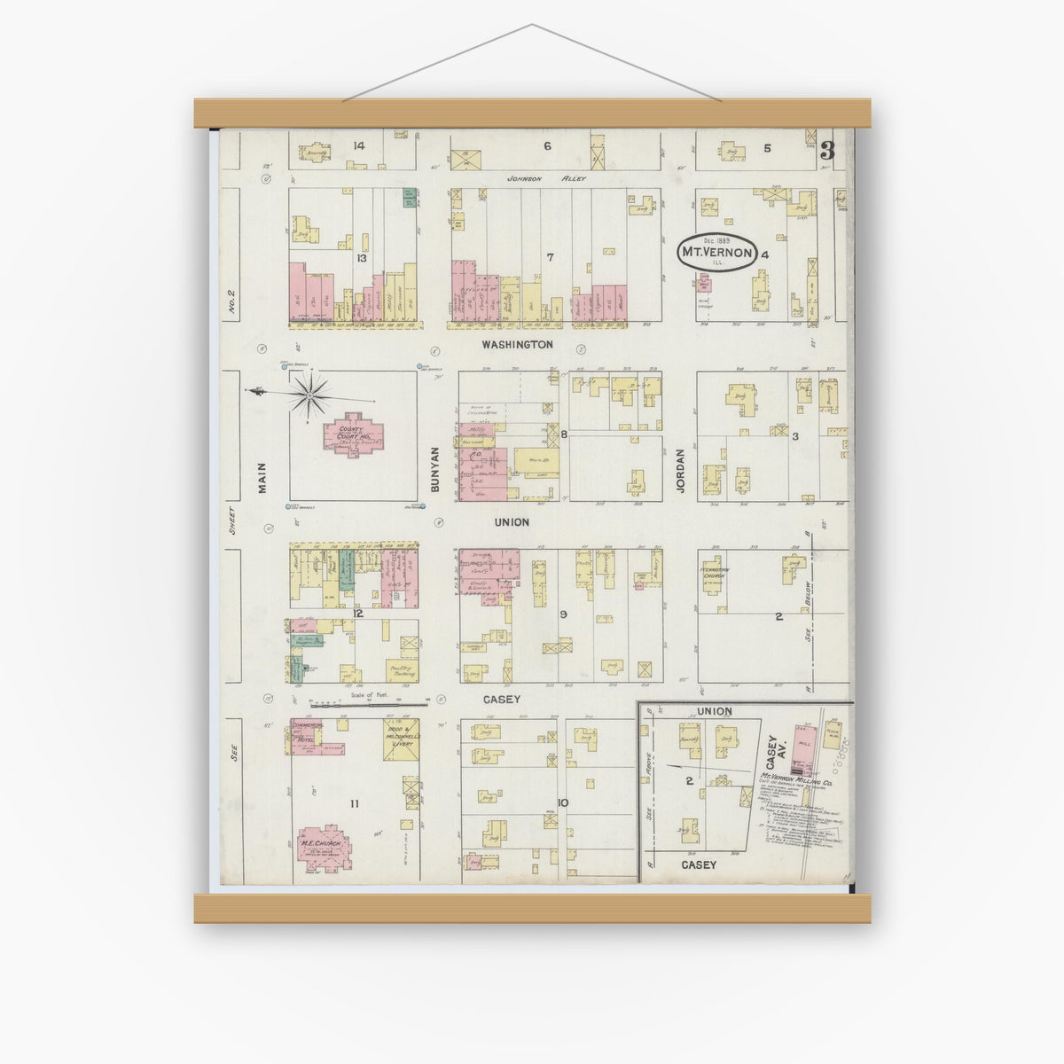 Old map wall art mockup — magnetic wood frame on white wall — Sanborn Fire Insurance Map from Mount Vernon, Jefferson County, Illinois (1889), Sheet #0003