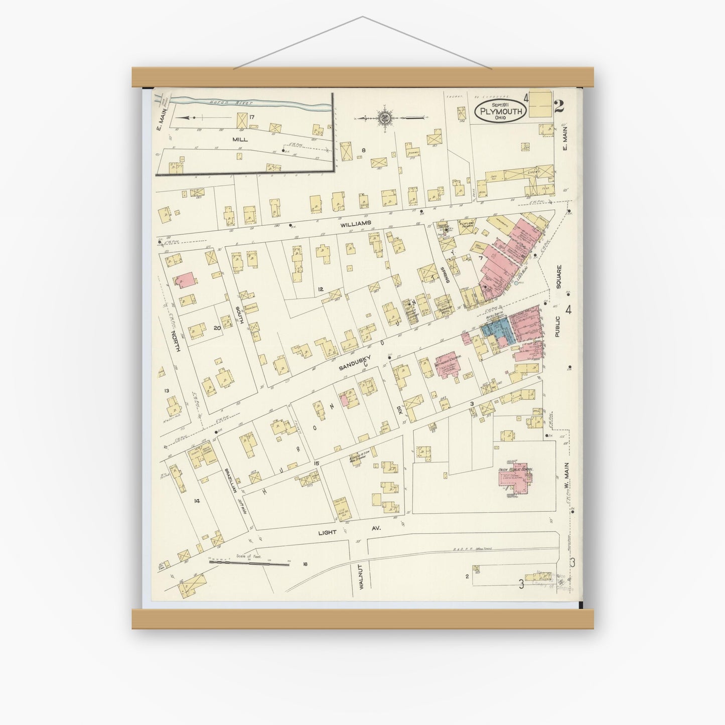 Old map wall art mockup — magnetic wood frame on white wall — Sanborn Fire Insurance Map from Plymouth, Huron And Richland Counties, Ohio (1911), Sheet #0002