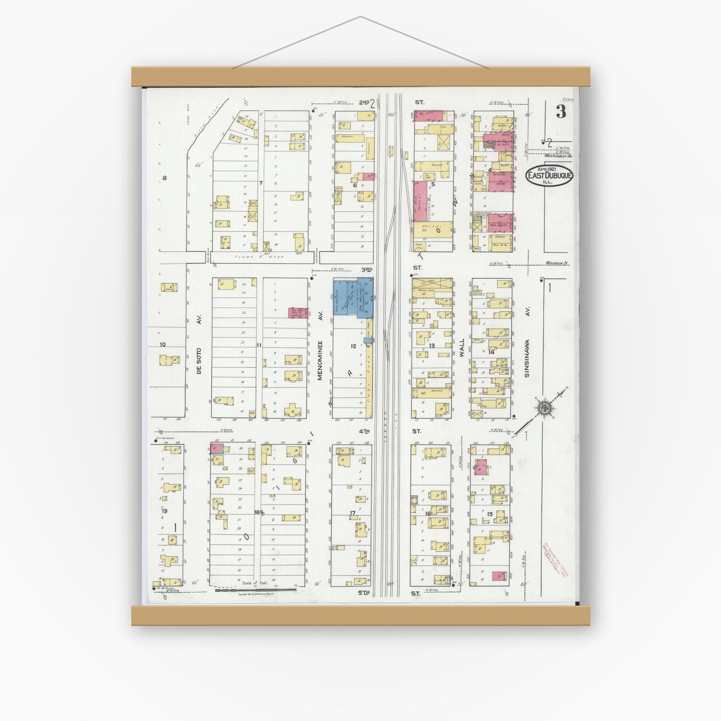 Old map wall art mockup — magnetic wood frame on white wall — Sanborn Fire Insurance Map from East Dubuque, Jo Daviess County, Illinois (1921), Sheet #0003